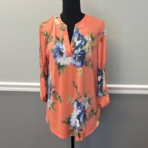 White Birch Floral Split-Neck Tunic - Orange and Blue